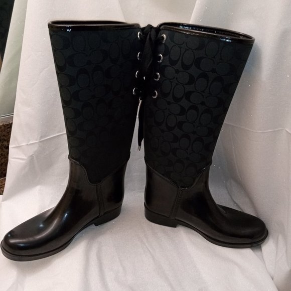 * COACH, Trist, Signature Black Grey Boots Rainboots Rubber Canvas Size 9 - Picture 1 of 13